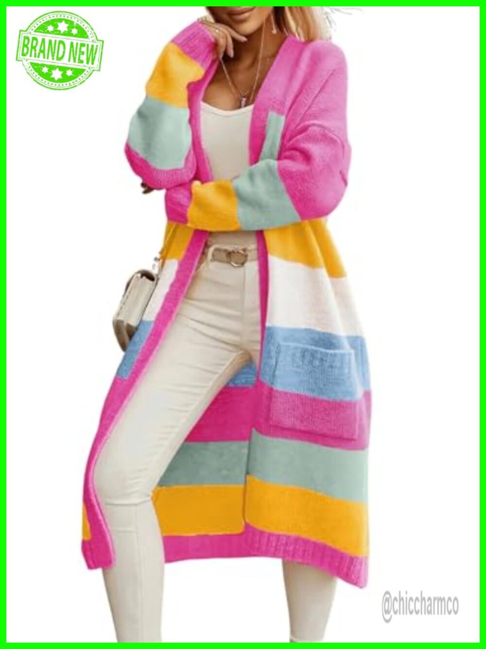 Striped Knit Cardigan Color Block Open Front Mid Long Sweater Coatigan